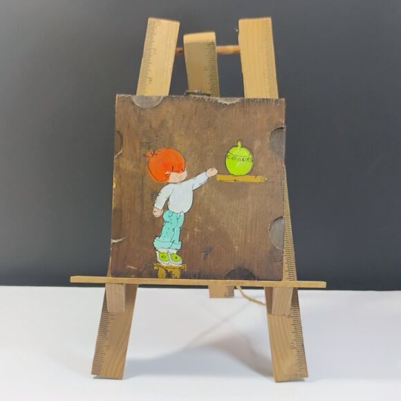 Vtg Wooden Canvas Hand Carved Child & Green Cookie Jar Paint Touch Of Happiness - Picture 1 of 11